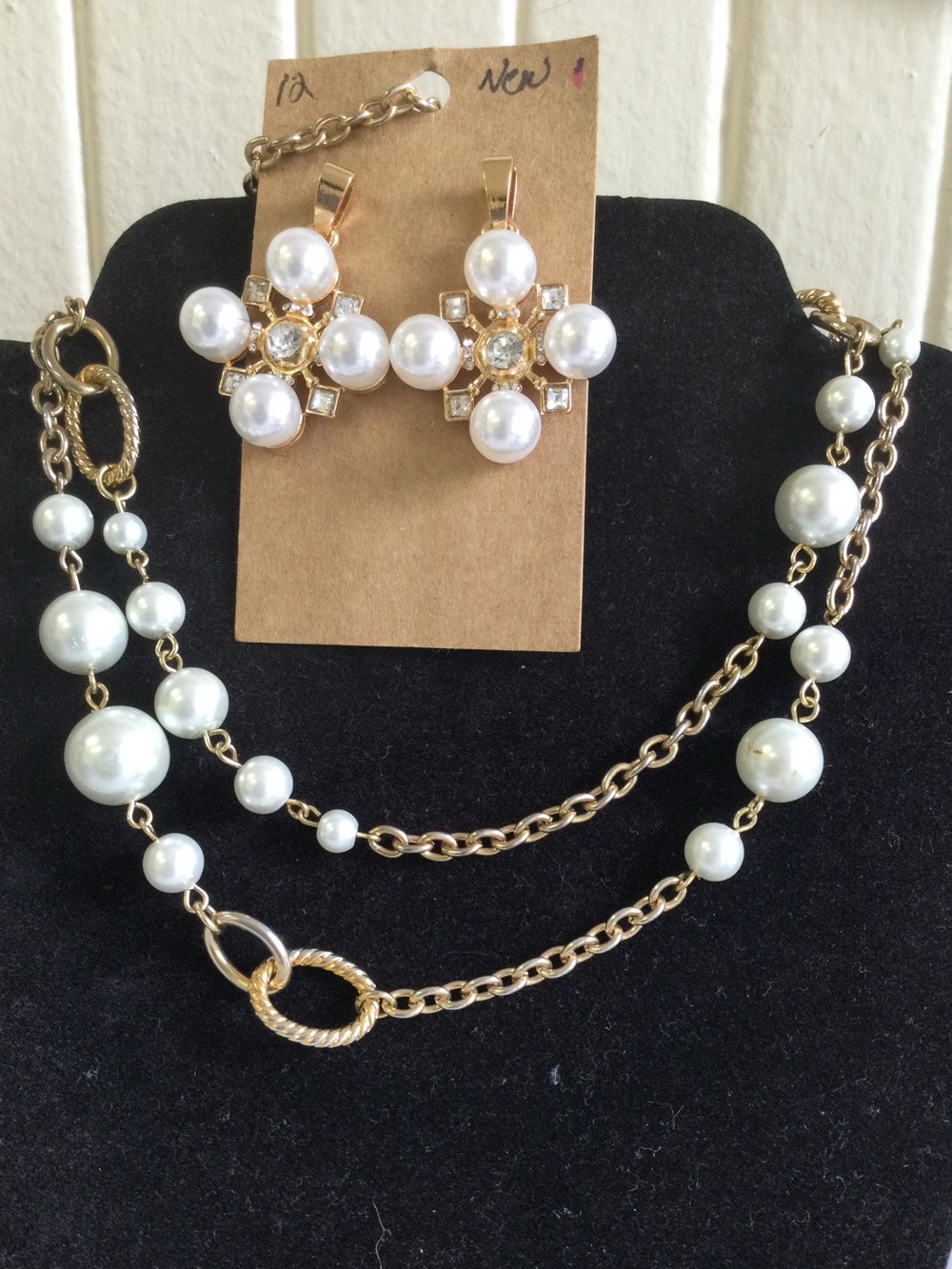Gold-Tone Faux Pearl Necklace and Cross Cluster Earrings Set